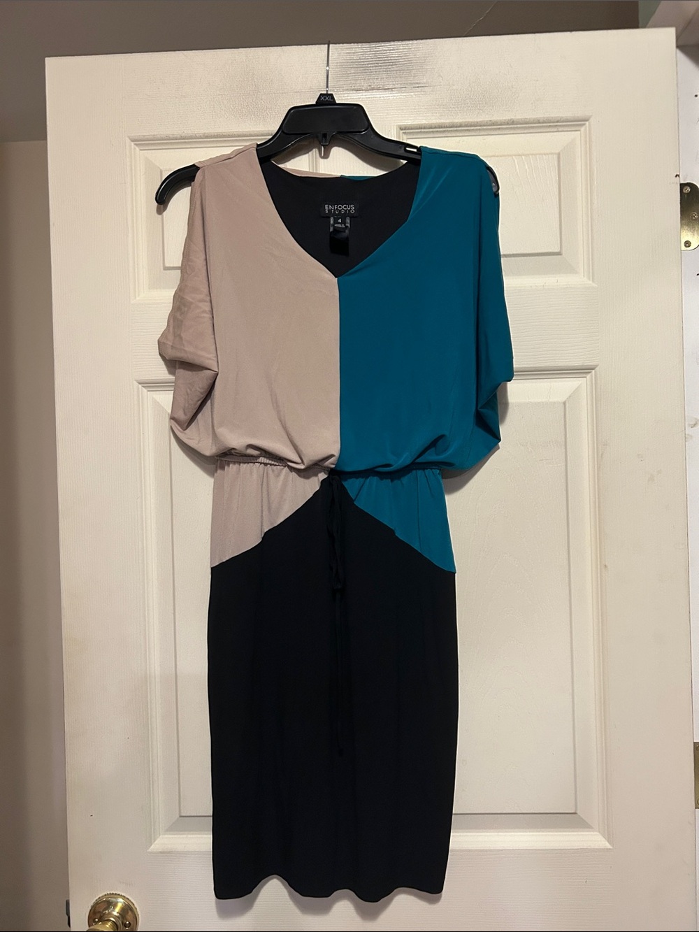 Enfocus Studio Teal, Beige & Black Colorblock Dress Size 4